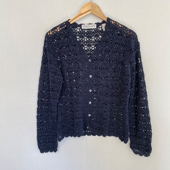 AMANDA SMITH Women’s Size Large Vintage Navy Blue Crochet Cardigan Sweater - Picture 7 of 7